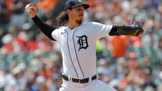 Jul 27, 2023; Detroit, Michigan, USA; Detroit Tigers starting pitcher Michael Lorenzen (21) pitches in the fourth inning against the Los Angeles Angels at Comerica Park.